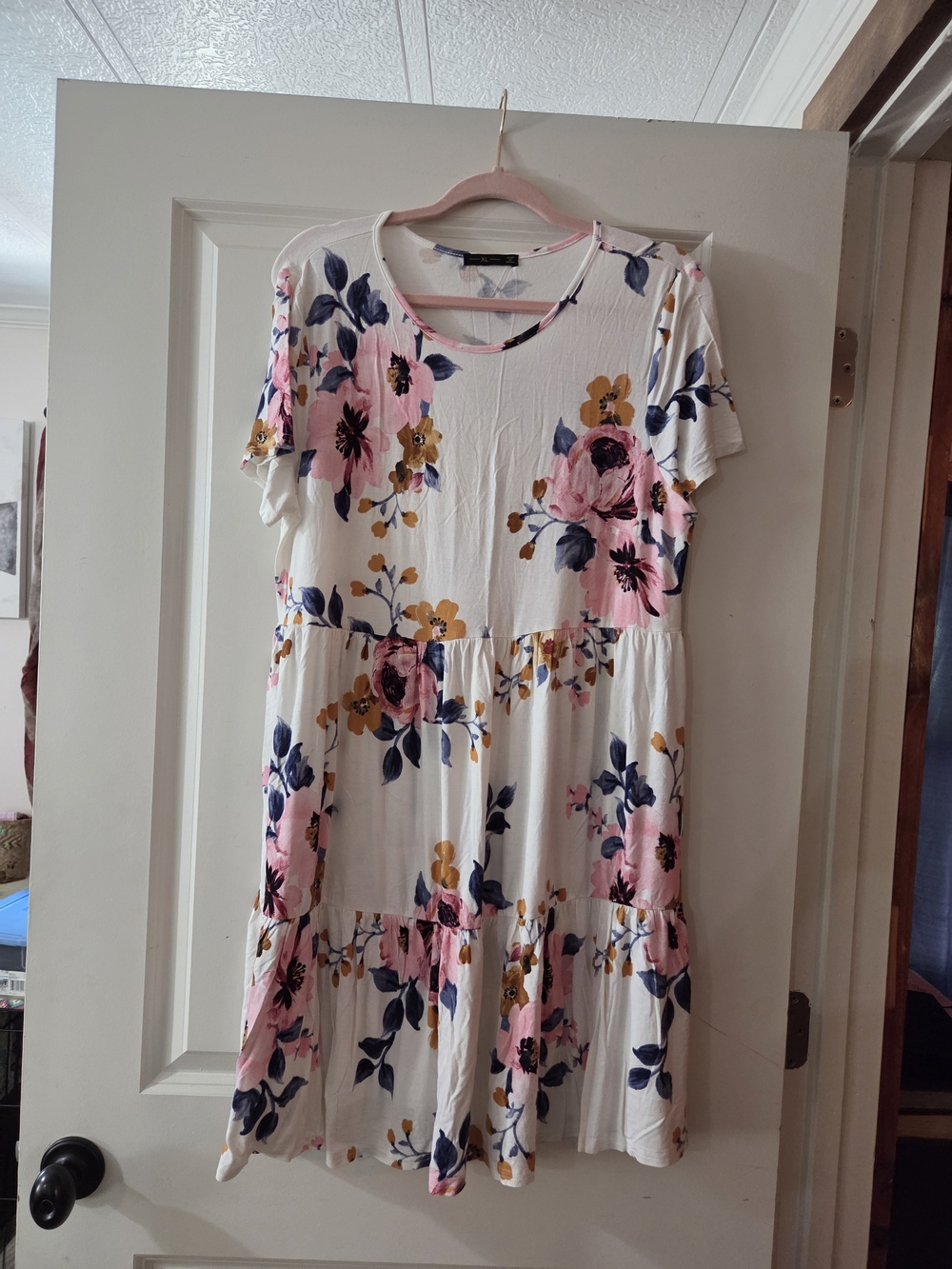 Floral Tiered Short Sleeve Dress - Cream with  Flowers